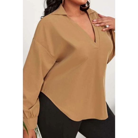 Women's Brown V-Neck Drop Shoulder Blouse Plus Size 3XL - Picture 4 of 6